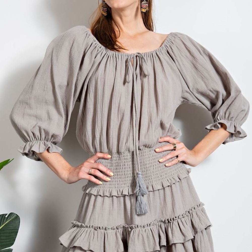 NWT Easel Smocked Waistband Textured Cotton Linen Ruffle Mini Dress